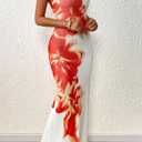 PRETTYGARDEN Womens Summer Dresses 2026 Elegant Spaghetti Straps Evening Gown Floral Print Bodycon Maxi Mesh Sundress(White and Orange Floral,X-Large) (XL)