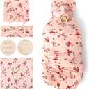 BQUBO Baby Girl Newborn Floral Receiving Blankets with Bow Hat Headband Wooden Birth Announcement Card Set Newborn Baby Swaddling Hats Sleepsack Toddler Warm Shower Gift