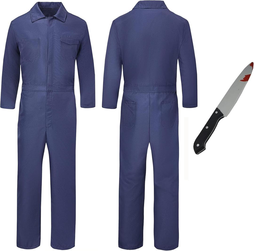 Adult Halloween Killer Costume-Dark Navy Coverall with Toy Knife, Halloween Ends Cosplay, Michael Killers Costume Set (X-Large)