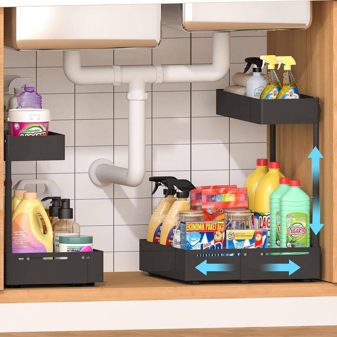 REALINN 2 Pack Expandable Under Sink Organizers and Storage, 2 Tier Under Cabinet Organizer, Heights Adjustable Pull Out Rack for Kitchen Bathroom Laundry, Black