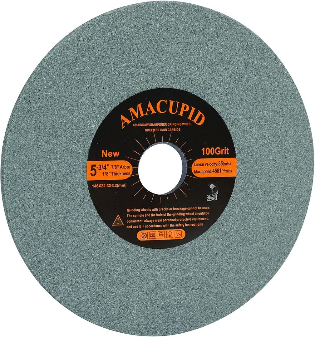 Chainsaw Sharpener Grinding WheelGreen Silicon Carbide AbrasiveFor Universal Saw Chain sharpeners. Sharpening Hard Alloy Saw Chain Teeth. 1/8 Thickness, 5-3/4 Diameter, 7/8 Arbor