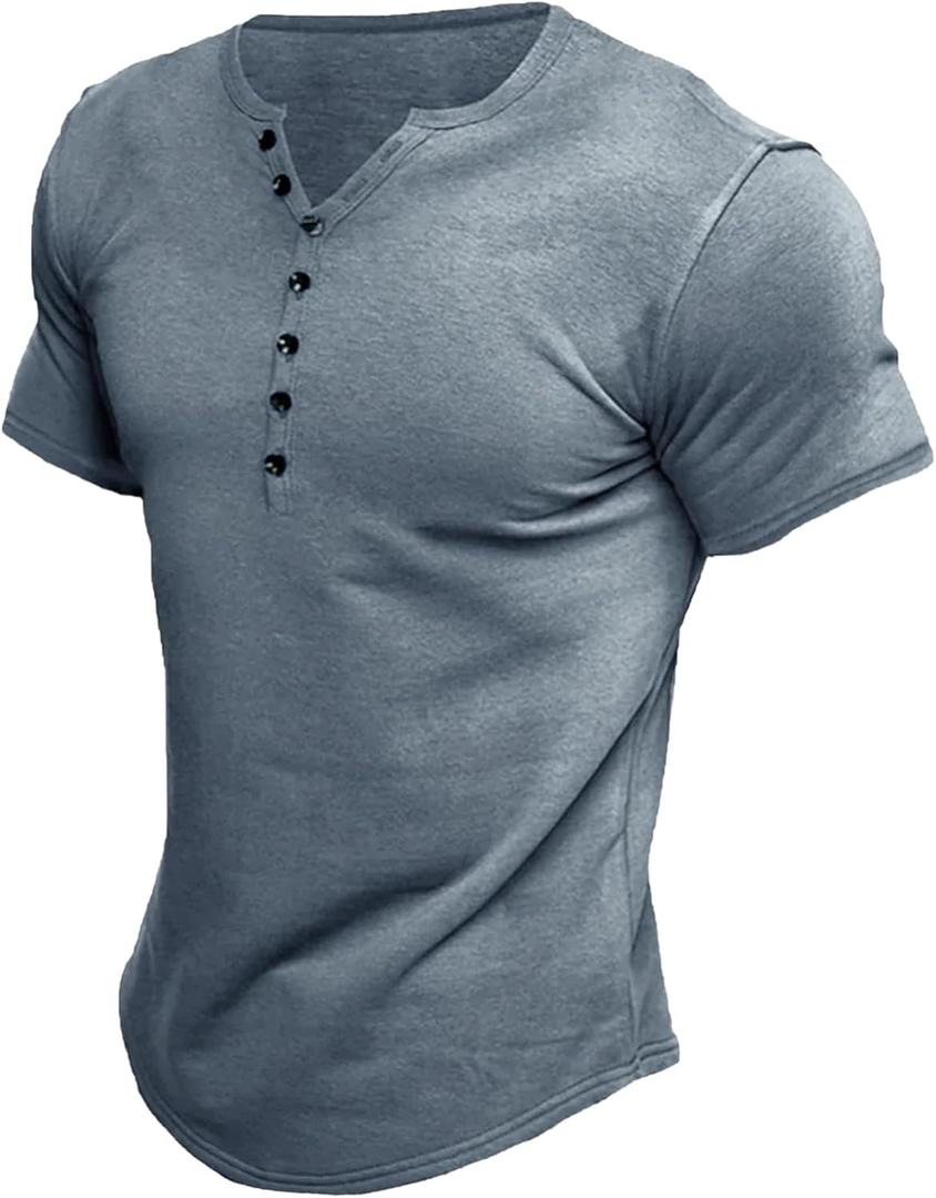 Comdecevis Men's Henley Shirts Kint Short Sleeve Muscle Fit Shirts Vintage Casual Button V Neck T-Shirts for Men Light Blue Small