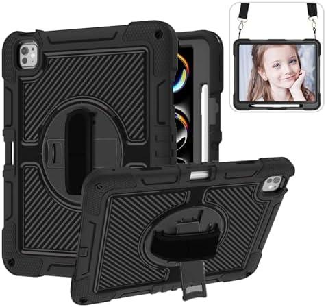 Case for iPad Pro 13 Inch 2024 M4 (7th Generation), Hard PC Silicone Shockproof Protective with 360°Rotate Stand, Pencil Holder, Handle Shoulder Strap Cover for Model (A2926/ A3007), Black