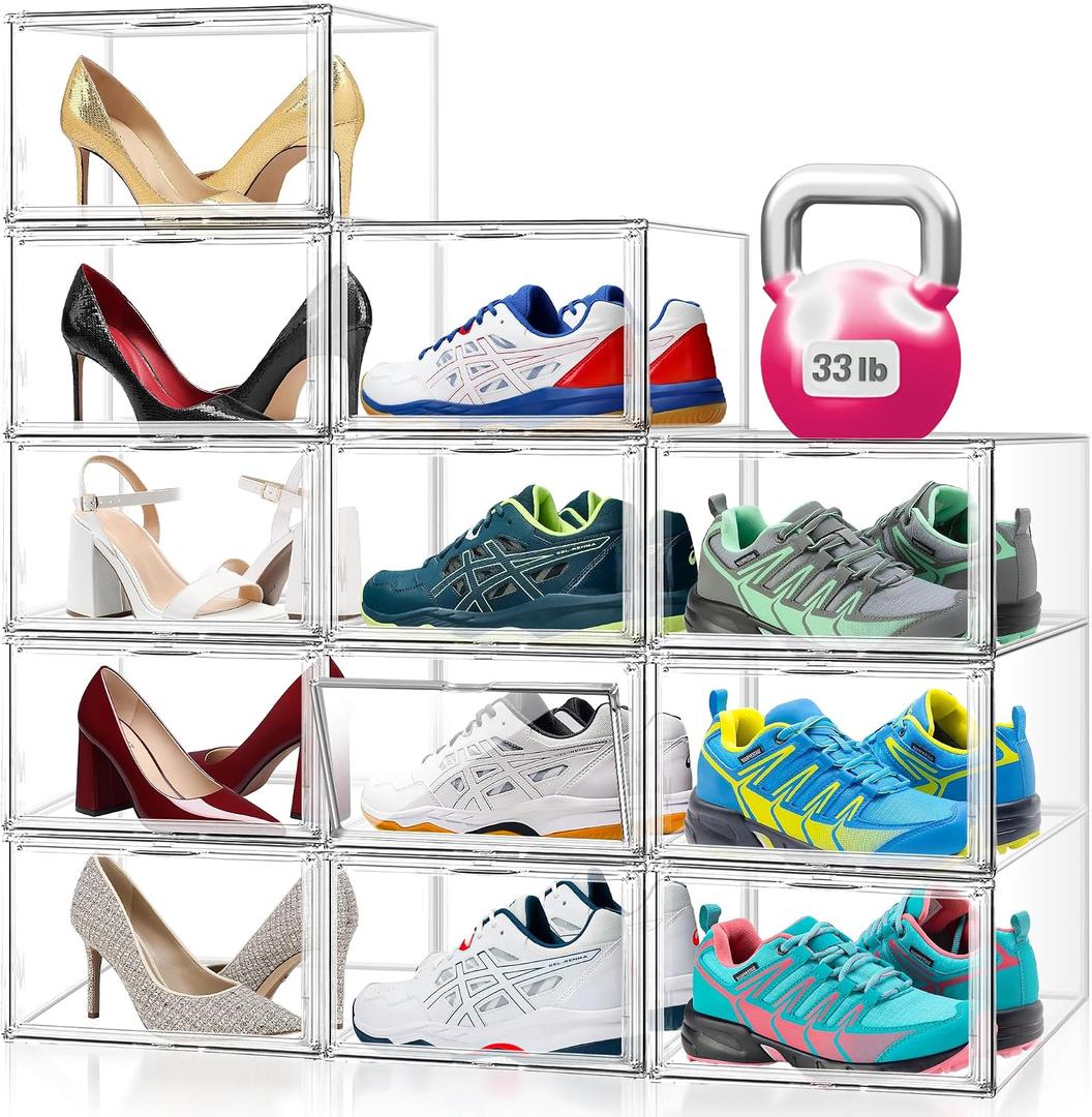 Acrylic Shoe Storage Boxes 12 Pack,Clear Sturdy Plastic Stackable Shoe Organizer for Closet Large Size with Magnetic Lids Durable Sneaker Containers, Space Saving Shoe Boxes for Men Women