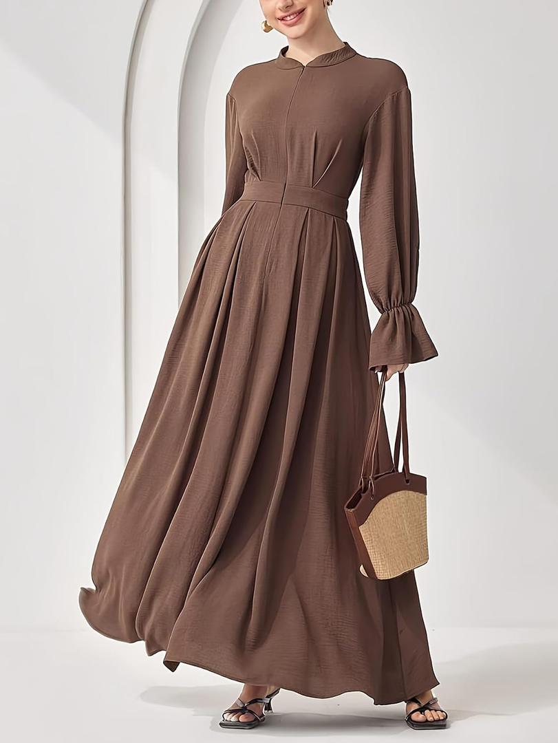 Women's Elegant Swing Flowy Dresses Long Sleeve Invisible Zipper Front Pleated Front Semi Formal Dresses,Brown,Medium