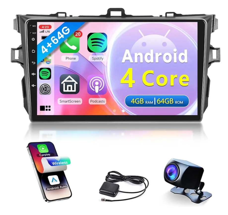 4Core 4G+64G Car Radio for Toyota Corolla 2009-2013, Rimoody Car Stereo Android Carplay Android auto 9 Inch Touchscreen GPS 5G-WiFi BT/FM/RDS EQ Backup Camera