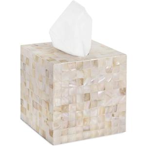 PEMAR 5.9 Cube Mother of Pearl Tissue Box Cover, Decorative Napkin Dispenser Organizer, Rustic Farmhouse Vintage Decor for Table, Kitchen, Bathroom Vanity Countertop, Office , White Sand 