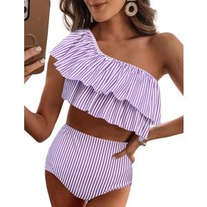 VIMPUNEC Ruffle One Shoulder Swimsuits for Women Cute High Waisted Two Piece Bathing Suits, L VIMPUNEC Ruffle One Shoulder Swimsuits for Women Cute High Waisted Two Piece Bathing Suits, L