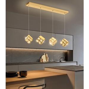 4 Lights Modern Rectangular Crystal Pendant Lights for Dining Room LED Dimmable Pendant Lighting Chandelier for Kitchen Island Foyer Hallway Stairwell Gold