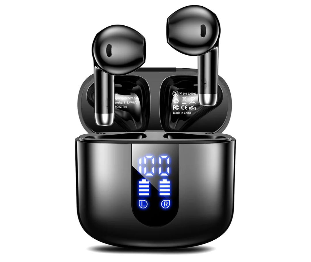 Wireless Earbuds, Bluetooth Headphones with Deep Bass Stereo, 48H Playback Ear Buds with LED Power Display, Lightweight, IPX7, in-Ear Earphones with Mic for iPhone/Android/iPad, Black