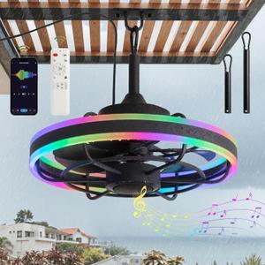 Fanbulous Outdoor Ceiling Fans with Light, 20" Waterproof Smart Ceiling Fan Light with Bluetooth Speaker, App Control for Dimming & RGB Color, Caged Ceiling Fan with Hanging Hook for Porch, Pergola