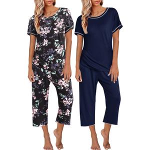 Ekouaer 2 Pack: Womens Pajamas Short Sleeve Sleepwear Tops and Capri Pants Pjs Print Pajama Sets (Medium, Black Flowers, Navy Blue)