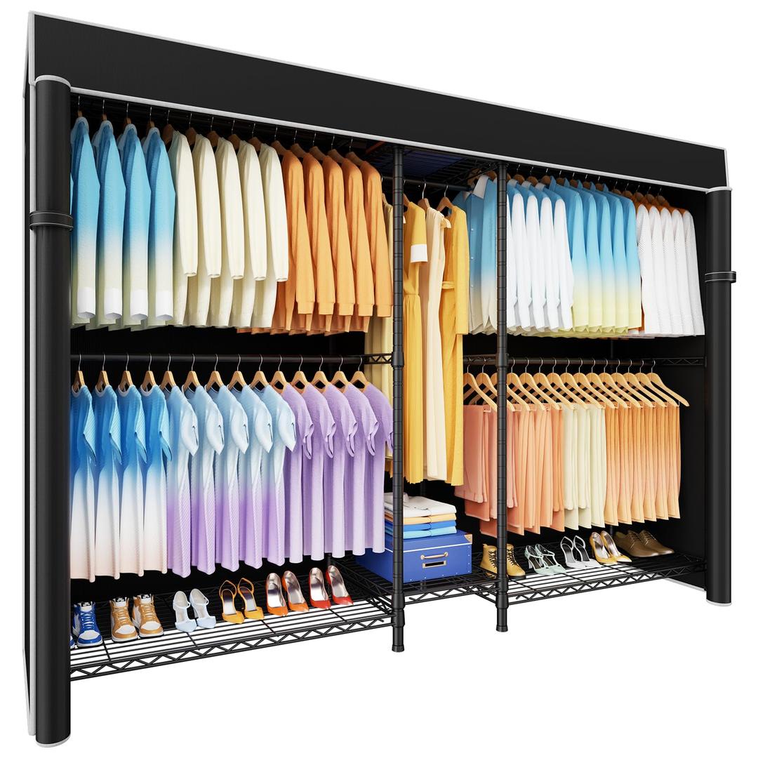 Ulif E12C Max Heavy Duty Closet Organizer SystemFreestanding Clothing Rack, Adjustable Garment Rack 83" W x 16" D x 76.5" H Holds 1060 lbs, Black Clothing Rack with Black Dustproof Cover