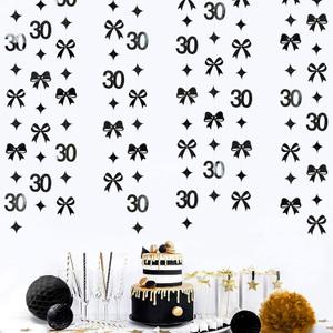 Black 30th Bow Birthday Decorations Glitter Conquette Bow Garland Streamer Banner for Womens Mens Happy 30th Birthday 30 and Fabulous Cheers to 30 Years Old Anniversary Vintage 1995 Party Supplies