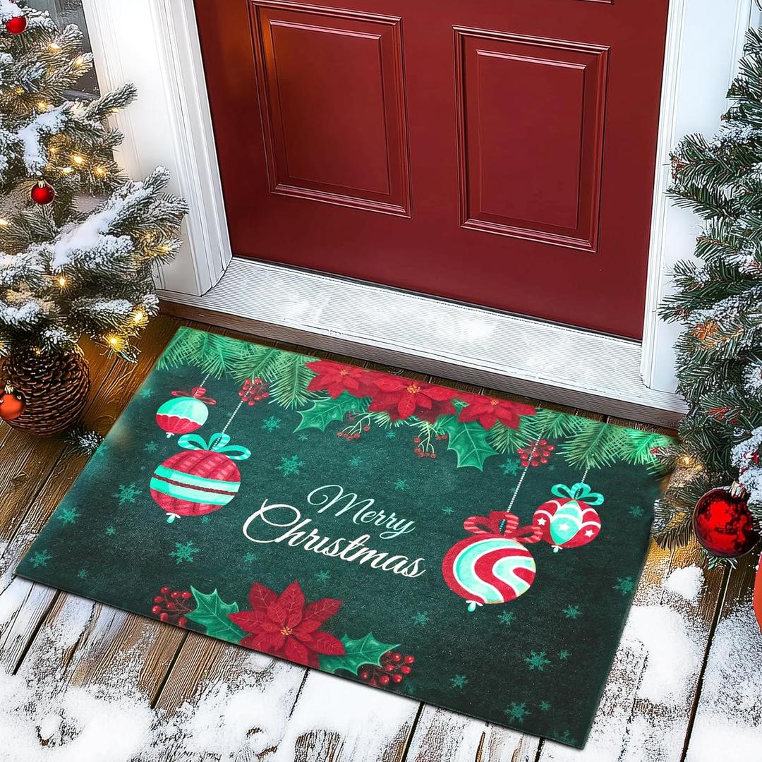 Christmas Doormat, Outdoor & Indoor Merry Christmas Door Mat Outside Holiday Door Mats for Front Door Entrances, 17"x30", Dark Green