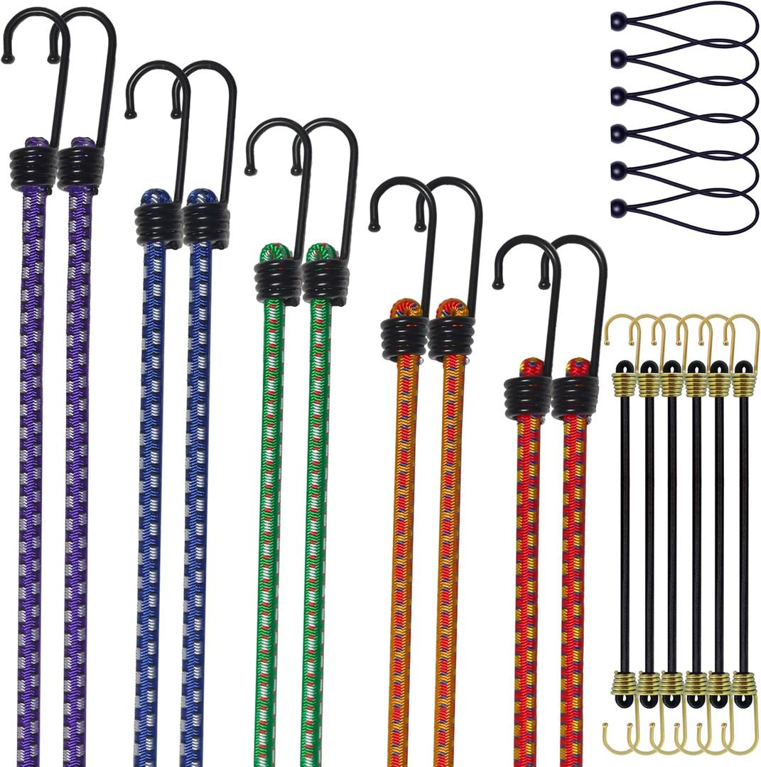 Bungee Cords with Hooks (22PCS Set), 8mm Heavy Duty Bungee Cord, 2×12″ 2×18″ 2×24″ 2×36″ 2×48″, Mini Bungee Cords 6PCS & Ball Bungee 6PCS, Outdoor, Cargo, Tarp, Tent Use