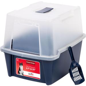 IRIS USA Cat Litter Box, Litter Box Enclosure with Scoop and Front Door Flap, Covered Kitty Litter Box for Privacy, Portable, Easy to Clean, Navy