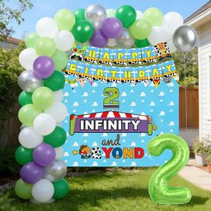 Two Infinity and Beyond Birthday Decorations Blue Clouds Cartoon Story 2nd Birthday Party Supplies include Backdrop Banner Two Birthday Balloons