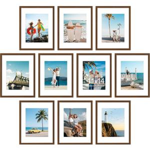 decorUhome 11x14 Picture Frame Set of 10, Display Photos 8x10 with Mat or 11x14 Unmatted for Picture Frames Collage Wall Decor, Brown