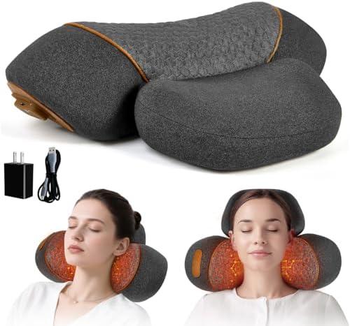 3 in 1 Rechargeable Neck Massage Pillow with Heating, Vibration & Cervical Traction, Deep Tissue Neck Pain Relief & Hump Correction, Ergonomic Neck Support for Home Office Use, Gift for Women