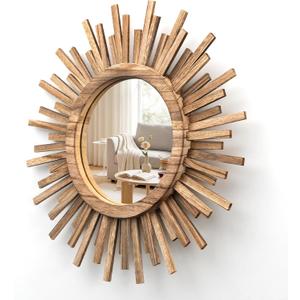 18 Inch Boho Sunburst Mirror, Round Wooden Wall Decor Starburst Sun Mirror for Bedroom, Living Room, Bathroom, Hallway, Balcony, Farmhouse Entryway, Housewarming GiftRustic Brown