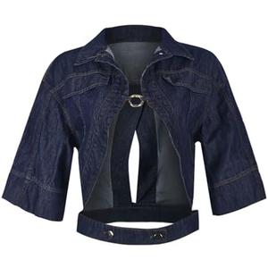 LEOROO Casual Cropped Jacket Women Fall Fashion Short Sleeve Lace-up Coat Trendy Hollow Out Women's Clothes Size L