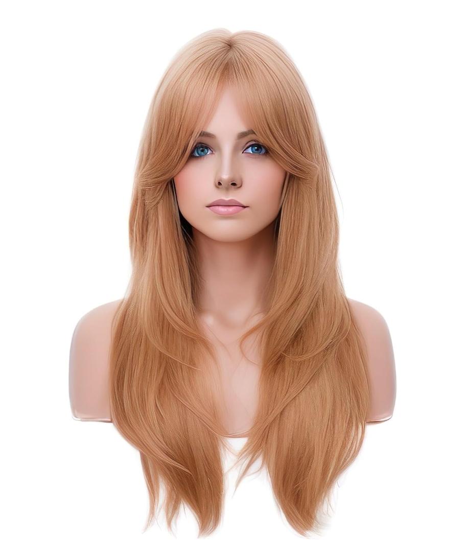 Rugelyss Long Wavy Strawberry Blonde Wigs for Women, Layered Synthetic Hair Wig with Bangs for Daily Party