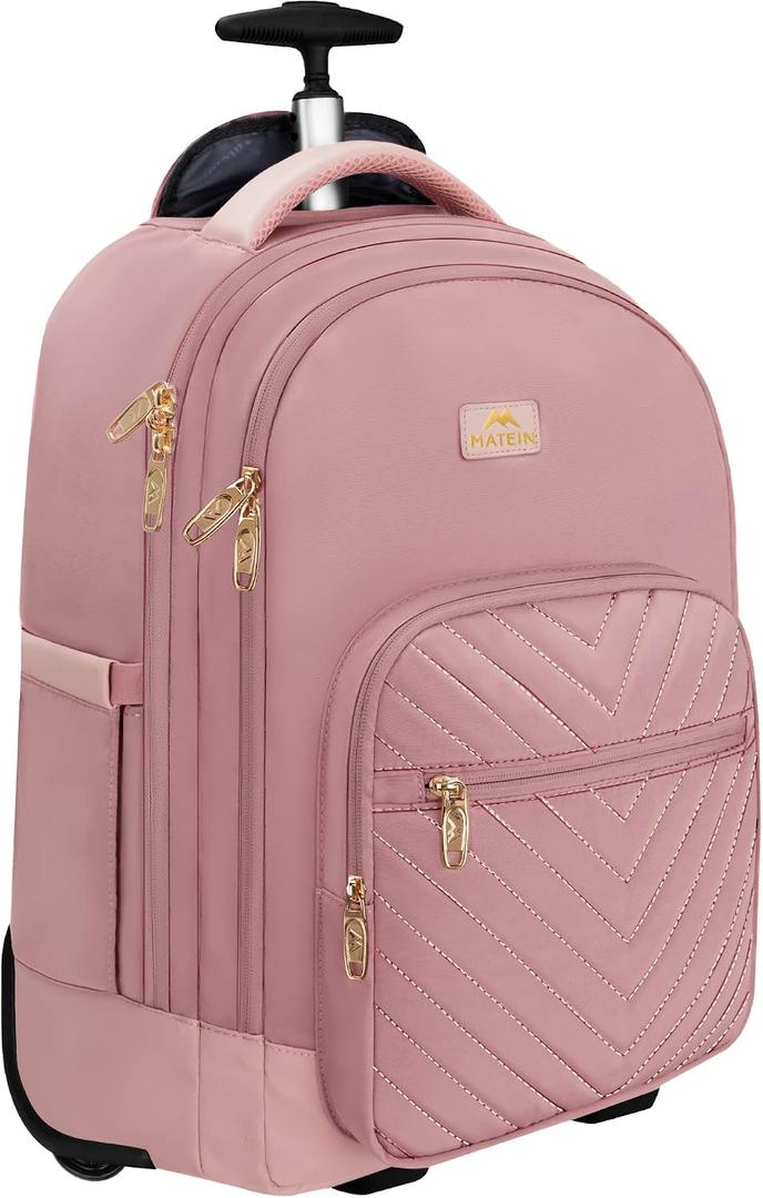 MATEIN Rolling Backpack for Women, 17 Inch Travel Laptop Backpacks with Wheels, Large Carry On Business Luggage Roller Backpack, Waterproof Trolley Suitcase Overnight College Work Computer Bag, Pink