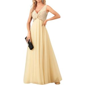 Women's Sequin Sparkly Dresses Evening Gowns Tulle Long Empire Waist Twist Formal Wedding Guest Party Maxi Dress (Medium, Champagne)
