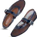 Womens Mesh Ballet Flats  Fishnet Mary Jane Flats with Adjustable Buckle Strap, Breathable & Stylish Ballerina Shoes (9, Navy)