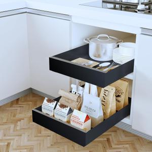 Pull Out Cabinet Organizer 21" Deep Adhesive Slide Out Cabinet Drawer Peel Stick Pull Out Shelf Drawer for Kitchen Pantry Bathroom Solid Panel Black 1 Pack 13.8" Wide