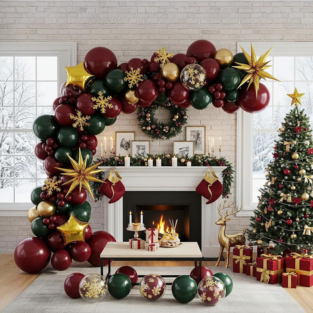Christmas party decorations with Maroon Hunter Green Gold confetti Balloon arch & foil Star balloons & Artificial Snowflake Xmas Garland for Winter friendsmas new year party decorations (Maroon)
