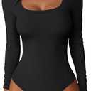ANRABESS Women Scoop Neck Bodysuits Long Sleeve Tops 2025 Fall Slim Fit Ribbed Knit Sexy Soft Basic Shirts Fashion Outfits (Small, Black)