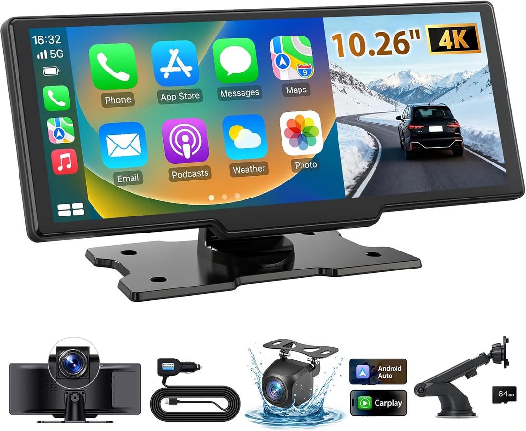 10.26" Wireless CarPlay Screen for Car: 4K Dash Cam & 1080P Backup Camera, Portable Touchscreen Car Stereo for Apple Carplay & Android Auto, GPS Navigation, Mirror Link BT FM Voice Control (ADAS)