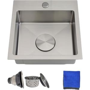 15 Inch Bar Sink Drop In - Delironexu 18 Gauge Stainless Steel Small Kitchen Sink, 15"x15" Single Bowl Square Wet Bar with Brushed Finish for Outdoor, RV, and Prep Use