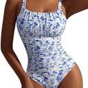 Milumia Women's One Piece Swimsuit Square Neck Ruched Bust Printed Monokini Bathing Suit Blue and White Large