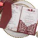 25 Sets Burgundy 250G Tri Fold Wedding Invitations Cards With Envelopes Inserts Greeting Laser Cut Pocket invites for Wedding Bridal Shower Birthday