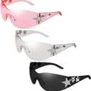 3 Pairs Y2K Sunglasses for Women Men Trendy Shield Wrap Around Sun Glasses, Rimless Star, Oversized Fashion Frameless Glasses (Black, Silver,pink)