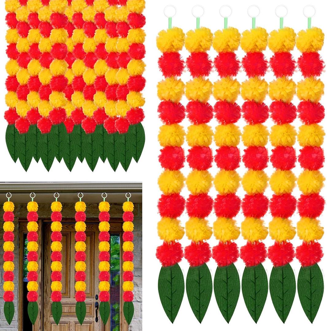 6 Pcs Marigold Garland for Decoration 2 ft Long Strands Faux Artificial Marigold Flowers with Mango Leaves Diwali Indian Wedding Party Mantle Decor for Da De Muertos Pooja Religious Pongal