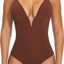SHAPERIN Women's Deep V Neck Bodysuit Double Lined Plunge Tummy Control Shapewear Thong Body Suits Backless Cami Tank (Large, Brown)