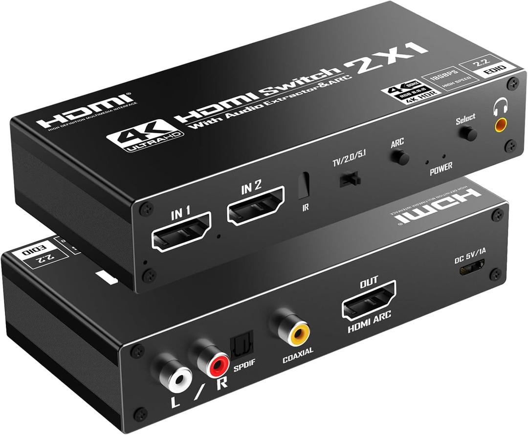 HDMI Switch eARC Audio Extractor, 4K@60hz HDMI Audio Splitter with Remote, Support 7.1 Channel Audio/Optical Toslink SPDIF/Coaxial Converter HDR