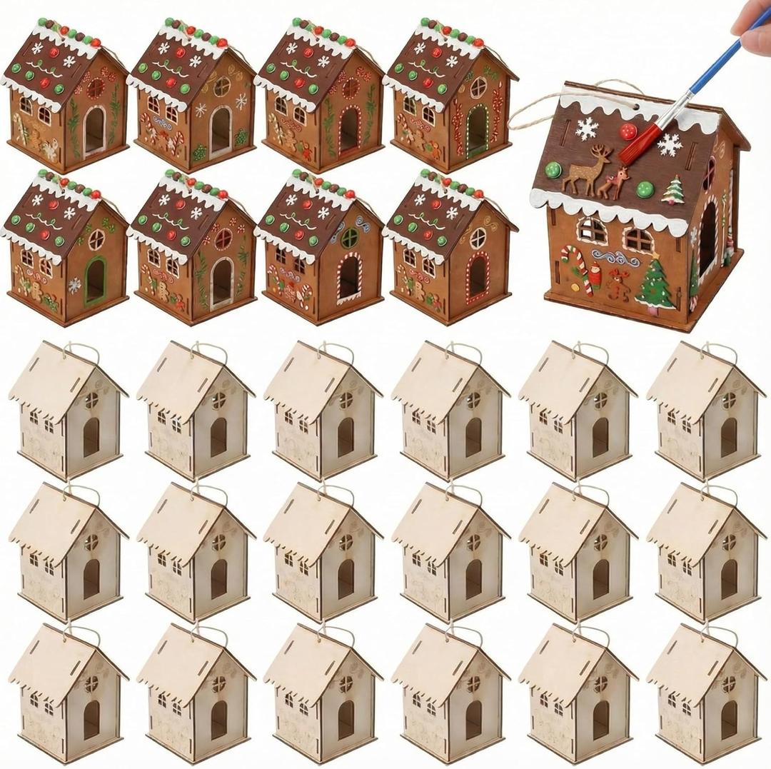 DoubleFill 36 Pcs Wooden Christmas Gingerbread House Craft Kit for Kids Make You Own 3D Christmas House with Twine DIY Xmas Village Craft to Paint and Build for Winter Art Party Gift Festival Decor