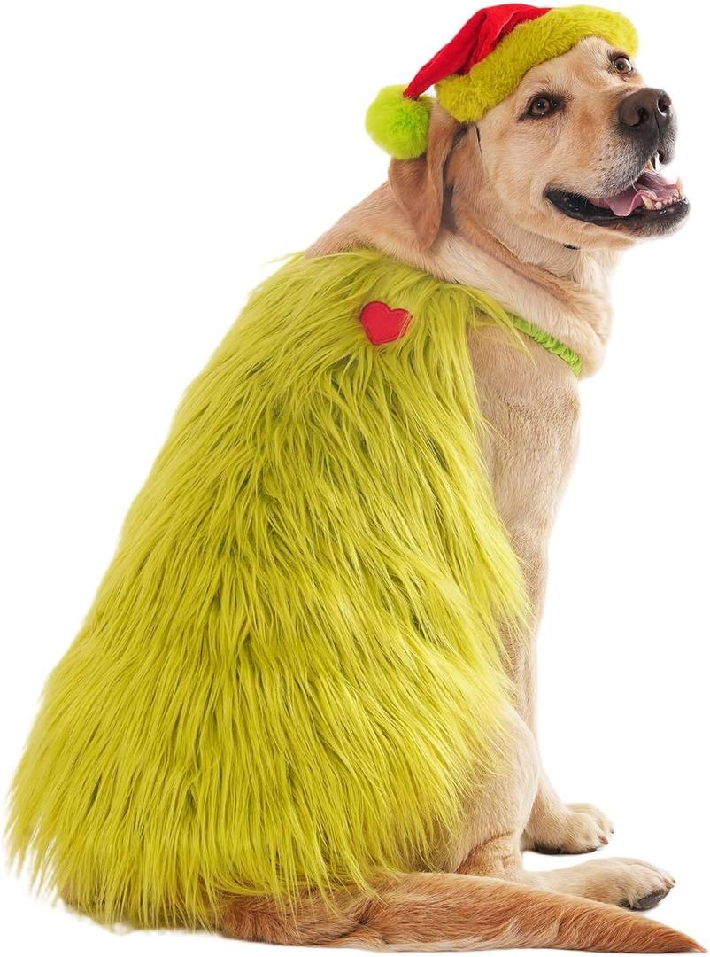 Furry Dog Green Monster Costume with Pet Christmas Hat, Dog Cat Christmas Halloween Costume Outfit Shirt Clothes for Small Medium Large Dogs, 4XL (4XL (Chest 30.7 Inch))