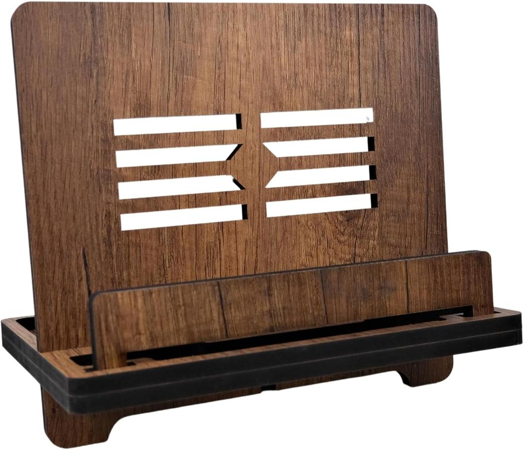 Wooden Book Stand, Portable Cookbook Stand, Hands-Free Reading Stand, Kitchen Counter Organizer, Recipe Holder for Kitchen, Tablet & Phone & Book Display, Nook Reading - Brown