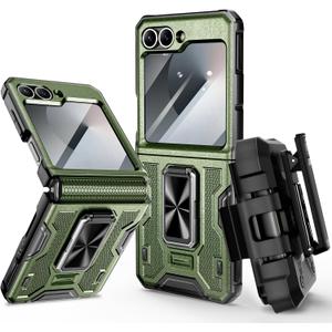 VEGO for Z Flip 6 Case with Hinge Protection, for Samsung Z Flip 6 Case with 360 Rotatable Ring Kickstand & Built-in Screen Protector & Belt Clip Holster Shockproof Cover - Green