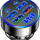 USB C Car Charger Adapter with Voltmeter Compatible with iPhone 16 15 14 13 12 11, Android, Samsung, 120W 6 in 1 Multi-Port Super Fast Charging Cigarette Lighter USB Charger
