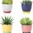 Selamica Ceramic Succulent Pots with Drainage Holes, Small Flower Pots 3.5 Inch Plant Pots for Indoor Plants with Saucers, Cactus Succulent, Home Decor, Set of 4, Assorted Colors