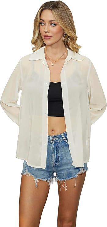 OYOANGLE Women's Mesh Sheer Long Sleeve Shirt See Through Button Down Blouse Top (Black, M)
