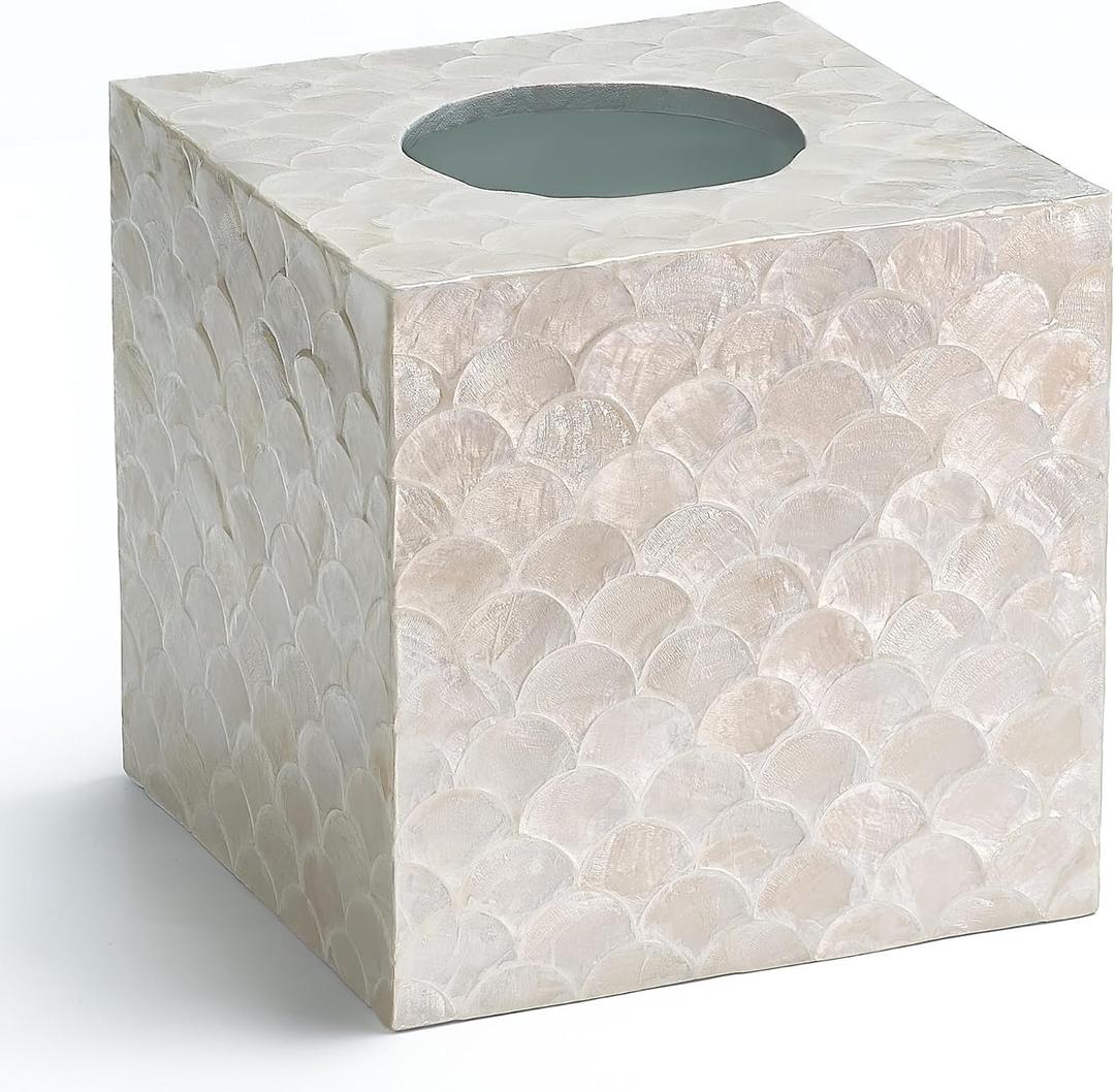 CHI AN HOME 5.8 Capiz Tissue Box Cover, Square Decorative Tissue Holder with Bottom Slider, Handmade Bathroom Accessories, Elegant White Cube for Vanity, Bedroom, Office & Coastal Decor (Natural)