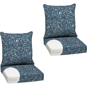 Arden Outdoor Deep Seat Cushion Set, Foam, 2-Pack, 24x24, Blue Paisley | earthFIBER, Sofa, Couch, Conversation Set, Premium High-Density Foam, Never Flattens, Mold and Mildew Resistant